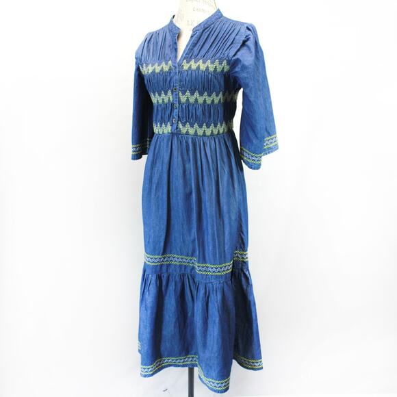 Lapis Denim Prairie Babydoll Tiered Blue Embroidered Maxi Dress Medium Y2K - Picture 1 of 9